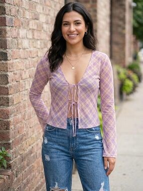ZARA Purple Plaid Mesh Tie Front Top Size S